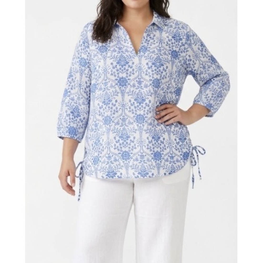 Joie 100% Linen Blouse 2X Blue White Floral Damask V-Neck Feminine Vacation
